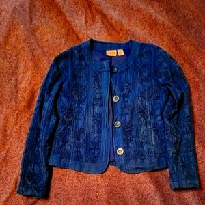 beautiful Chico size 0 medium blue jacket with machine embroidery